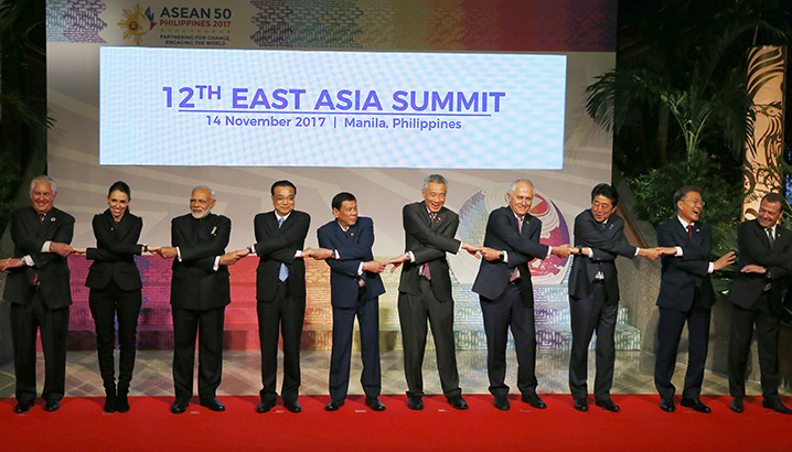 US State Secretary Rex Tillerson and other world leaders attend a photo session for the 12 East Asia Summit on the sideline of the 31st Association of Southeast Asian Nations Summit in Manila on November 14, 2017.